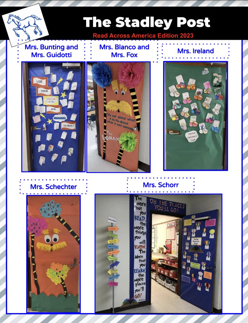 StadleyRough's tweet photo. Here are the rest of our @StadleyRough "Decorate Your Door" Contest to celebrate #ReadAcrossAmerica2023 #STRpride #STRreads #STRproudprincipals https://t.co/UagEDsdf2w