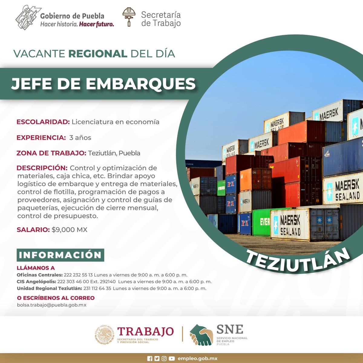 SNEPueblaOfi's tweet image. 🔸 ¡Atención #Teziutlán! Conoce la #vacante regional del día.

Información en:
☎️. Oficinas Centrales: 222 232 55 13
☎️ CIS Angelópolis: 222 303 46 00 Ext. 292140
☎️. Unidad Regional Teziutlán: 231 112 6435
📩 bolsa.trabajo@puebla.gob.mx

#VacanteRegional #Embarques #Teziutlán