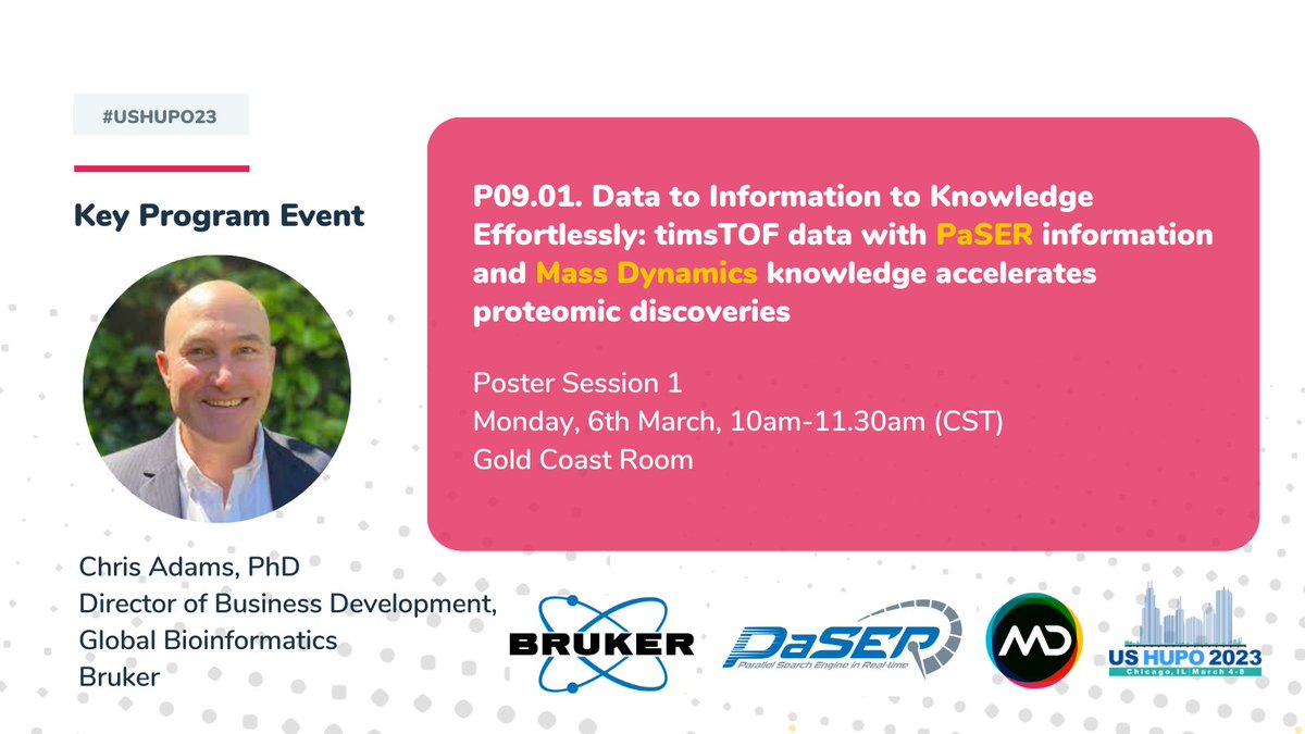 Will you be @ #USHUPO23?
Drop by P9.01 Mon 6 March 10-11.30am (CST) to hear Chris Adams <a href="/BrukerMassSpec/">BrukerMassSpec</a>  discuss "Data to Information to Knowledge Effortlessly" and how Mass Dynamics completes the "Information to Knowledge" gap💥
#TeamMassSpec #massspectrometry #PaSER #proteomics