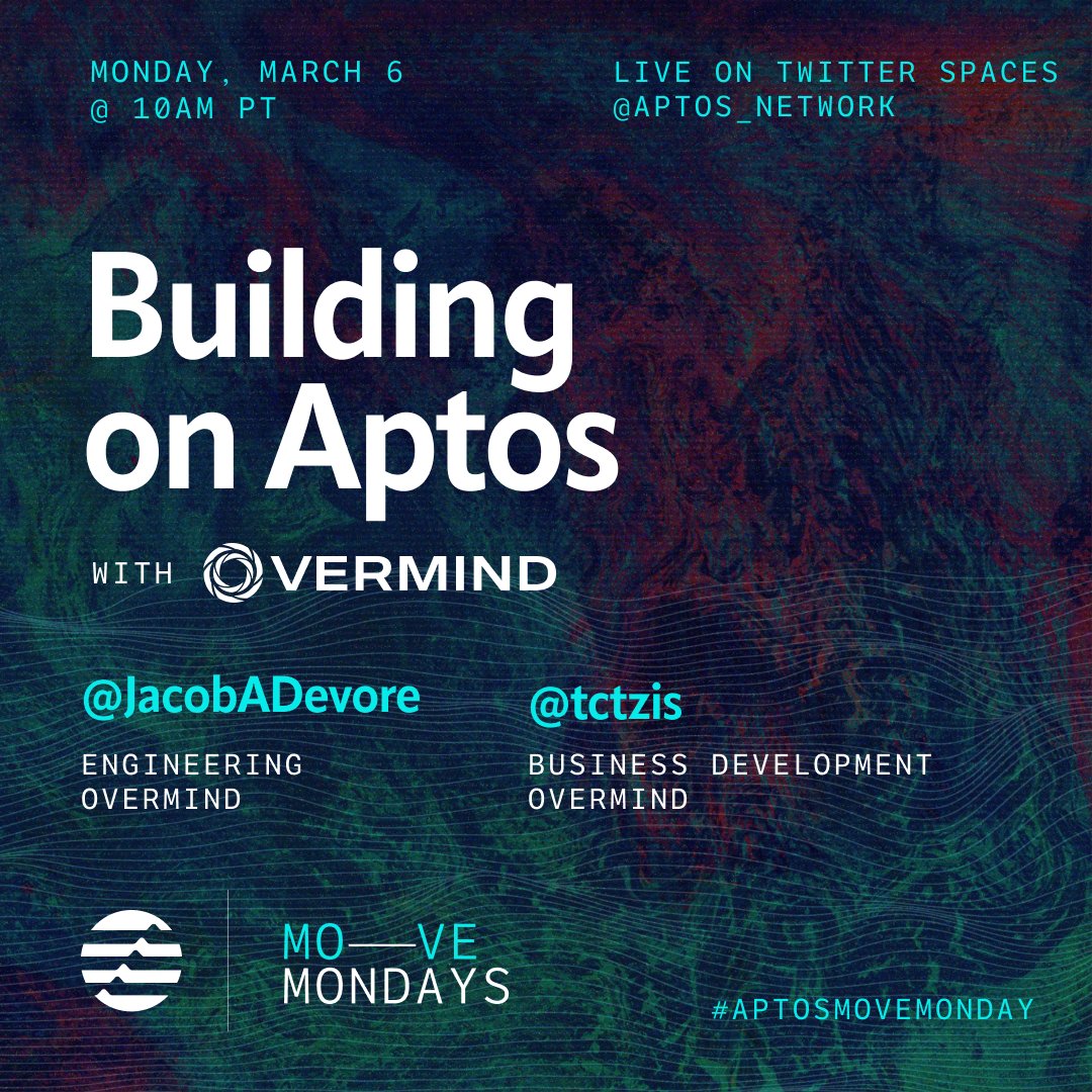 Aptos is the home for developers. The ecosystem is constantly rolling out new tooling &amp; more to improve the developer experience!

On #AptosMoveMonday, chat with friends <a href="/JacobADevore/">Jacob Devore</a> <a href="/tctzis/">Tony C</a> from <a href="/overmind_xyz/">Overmind</a> to dive into the latest dev updates!

RSVP: x.com/i/spaces/1rmxP…
