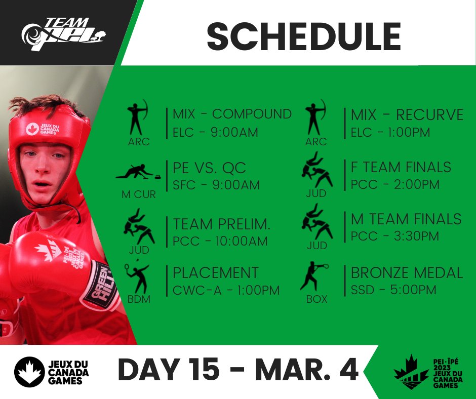 Team_PEI's tweet photo. Here's our schedule for March 4th - Day 15!
Come out and cheer on our Team PEI athletes!
#IsleBeReady https://t.co/myAEazTJEl