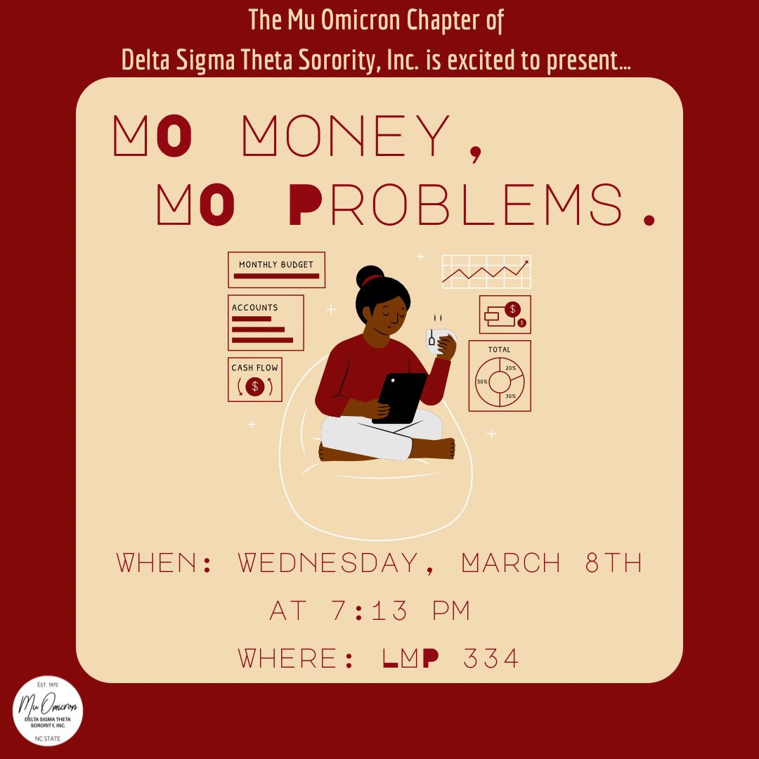 MuOmicronDst's tweet photo. It's like the MOre money we come across, The MOre problems we see. 

Don’t even trip on that! 

Join us on Wednesday, March 8th at 7:13 pm to hear about smart investing practices and how to save your money creatively. See you there! 

#DST1913 #SARDST #MOnumental https://t.co/0BZ2Hq3BFH