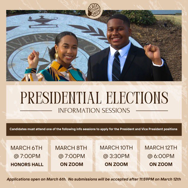 If you’ve been interested in the BSU presidential election, we will have our informational sessions starting next week! Applications open March 6th- March 12th- Zoom links for the informational sessions in bio 🔗