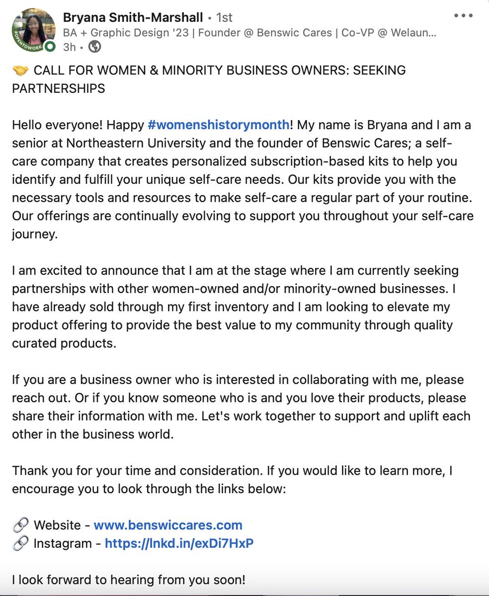 Product based founder friends -- 

One of the incredible students I work with, Bryana, is seeking partnership opportunities for her self-care kits. Learn more below 💡

🔗 Website - benswiccares.com