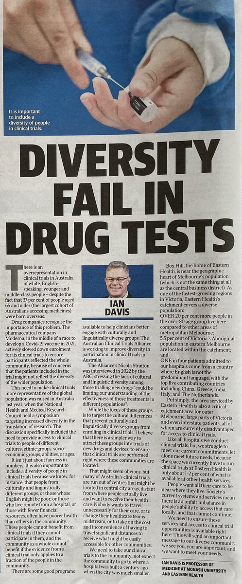 Highlighting the need for better #diversity in #ClinicalTrials and the need to provide these services where people actually live.
<a href="/EHCSMonash/">EHCS Monash</a> <a href="/easternhealthau/">Eastern Health</a> <a href="/Monash_FMNHS/">Monash Medicine, Nursing and Health Sciences</a> <a href="/ACTA_org/">ACTA: Australian Clinical Trials Alliance</a> <a href="/theheraldsun/">Herald Sun</a>