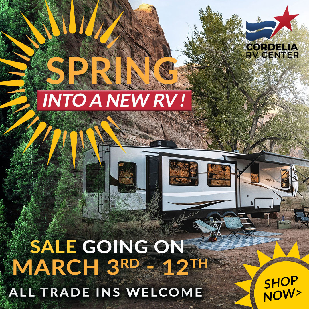 🌞 Get ready for spring camping and shop our SPRING INTO A NEW RV sales event. 
Visit us online or come by for your #RV tour. 👉 rpb.li/mnN1rb

#CordeliaRVCenter #springbreak #spring #camping #rvroadtrip #explore #outdoors #nature #rvlifestyle #motorhomelife #travel