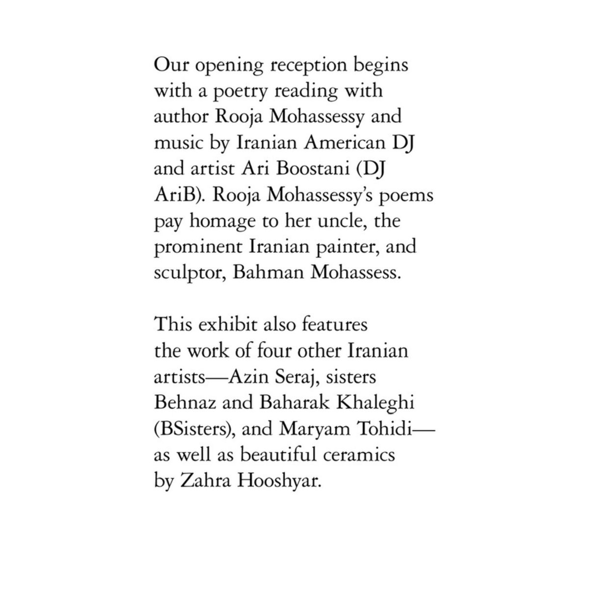 Refugee Eye (@refugee_eye) on Twitter photo Excited about our new show opening night this Saturday celebrating the one-year anniversary of Refugee Eye Gallery.
We’ll begin with a poetry reading with @roojamohassessy, along with great music by <a href="/dj/">Dorothy Jean Chang</a>.ari.b 🖤
We’ll be having snacks, drinks, and refreshments. Excited about our new show opening night this Saturday celebrating the one-year anniversary of Refugee Eye Gallery.
We’ll begin with a poetry reading with @roojamohassessy, along with great music by <a href="/dj/">Dorothy Jean Chang</a>.ari.b 🖤
We’ll be having snacks, drinks, and refreshments.