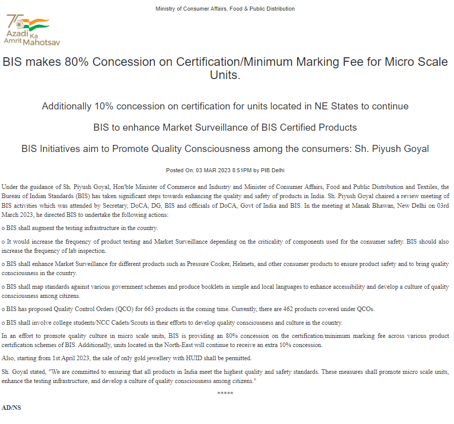 ANI's tweet photo. In consumer interest, its decided that after Mar 31, 2023,sale of gold jewellery&amp;gold artefacts (by sellers&amp; manufacturers)hallmarked without HUID won't be permitted.Also,starting from 1st Apr 2023,sale of only gold jewellery with HUID shall be permitted:Dept of Consumer Affairs https://t.co/OsW1qsIffM