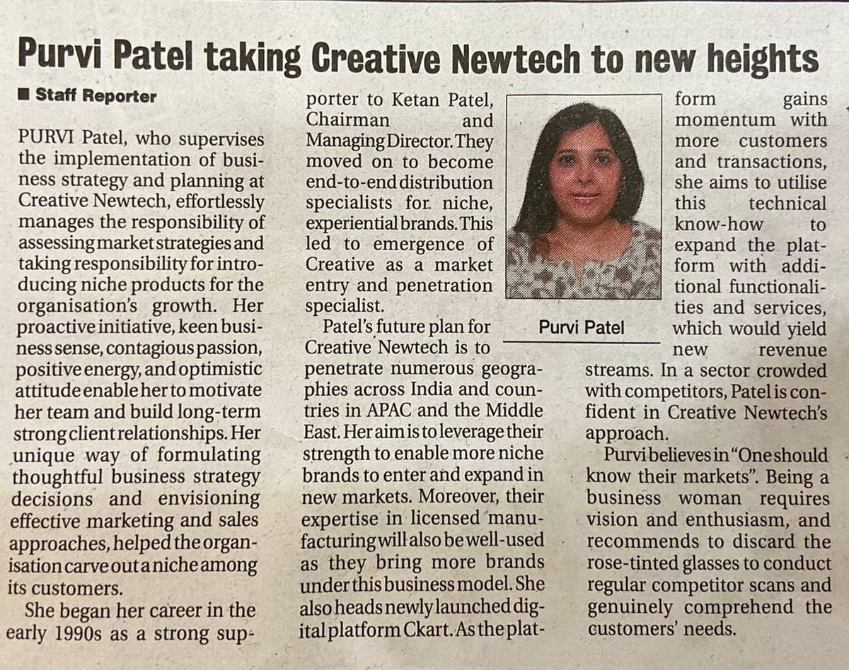 creativenewtech's tweet photo. One of Creative Newtech’s strongest pillars, Purvi Patel’s illustrious journey condensed in an article published in the Bihar Times.
#CNL #creativenewtech #GreatBusiness #bihartimes https://t.co/IsifURE1np