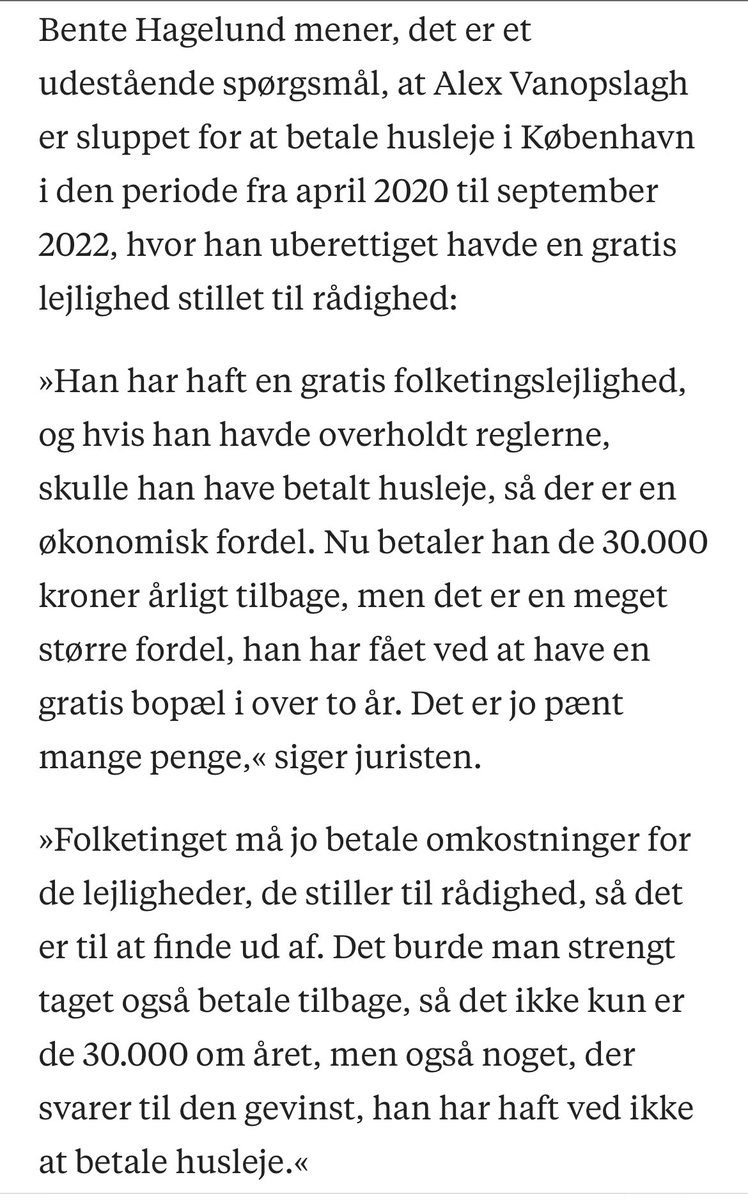Nu skal <a href="/AlexVanopslagh/">Alex Vanopslagh</a> betale Folketinget tilbage for den uberettigede støtte til dobbelt husførelse for hele den periode, hvor han havde flyttet sin adresse til Struer. Beløbet er 30.000 årligt, men som juristen her påpeger, er det billigt sluppet 👇🏼 information.dk/indland/2023/0…