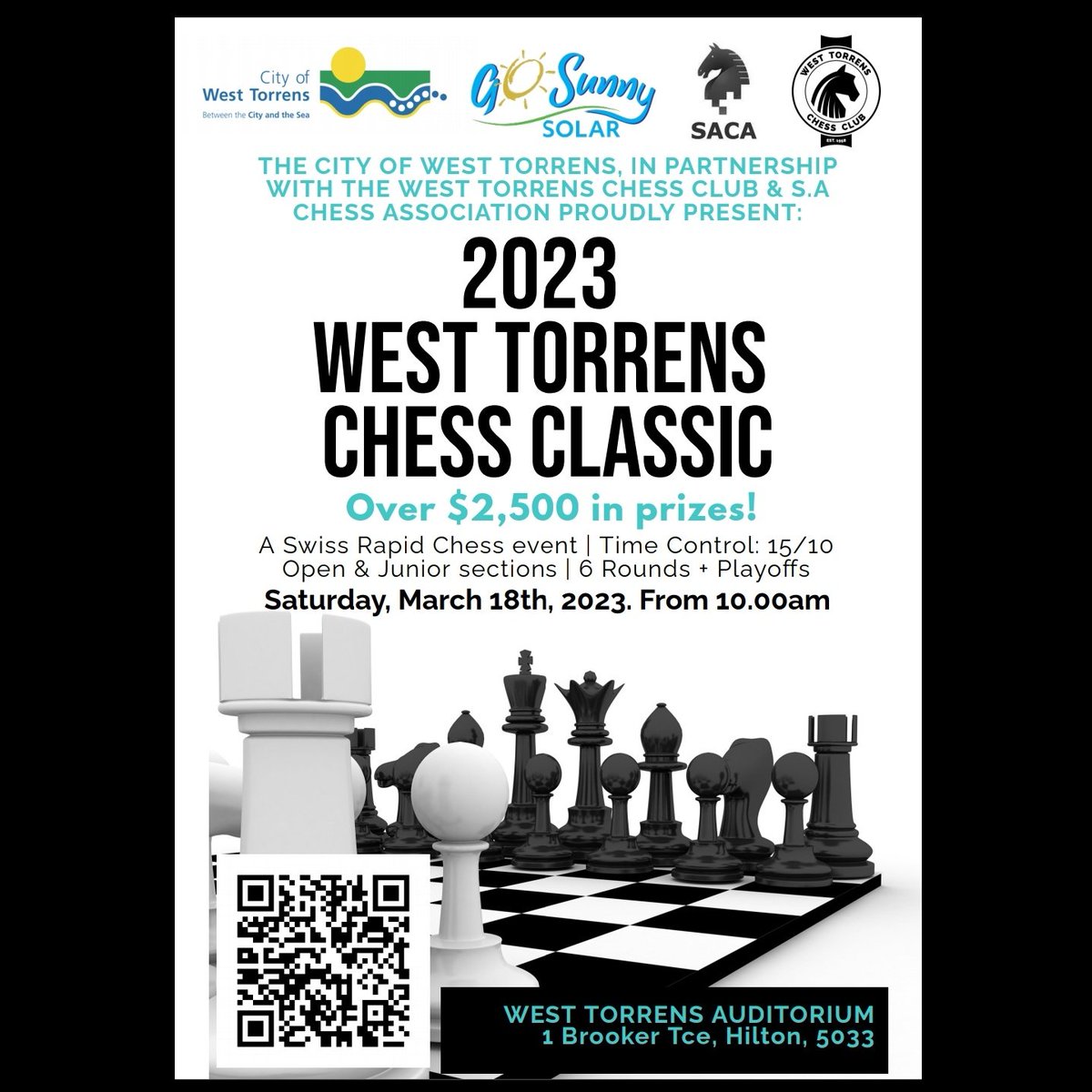 sachessau's tweet photo. Register now for the West Torrens Chess Classic on Saturday 18 March 2023.
6 Rounds of 15+10 chess action with Open and Junior sections.
https://t.co/ufpcLryZ3S
#AusChess #AdelaideChess https://t.co/M36Br5UkUu