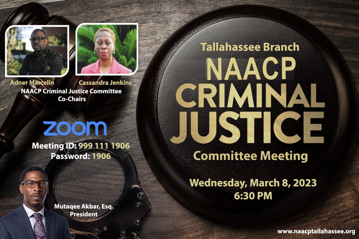 The NAACP Criminal Justice Committee will meet virtually this Wednesday, March 8, 2023, at 6:30 PM via Zoom (us02web.zoom.us/j/9991111906?p…). Please feel free to join this committee if you are interested in criminal justice issues in Tallahassee.