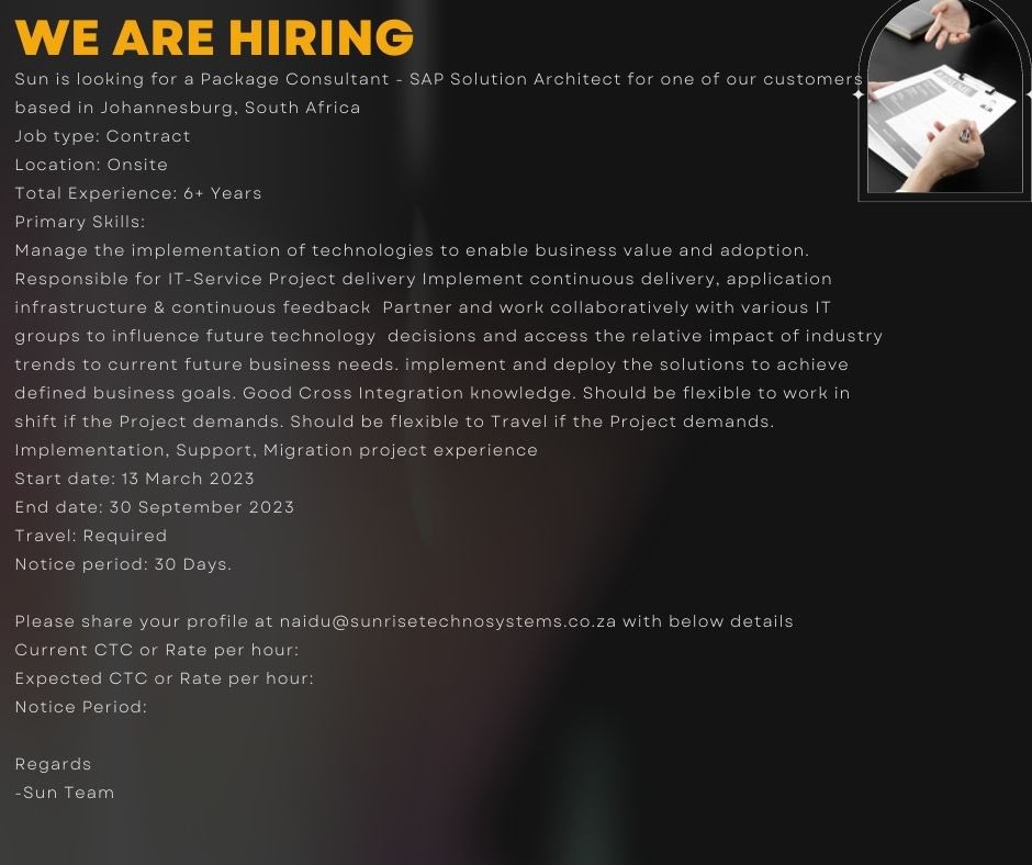 sunglobalagency's tweet image. Sun is looking for Sap Solution Architect #Sapsolutionarchitect #Packageconsultant #SouthAfrica #jobopportunities #Jobs #jobopportunity