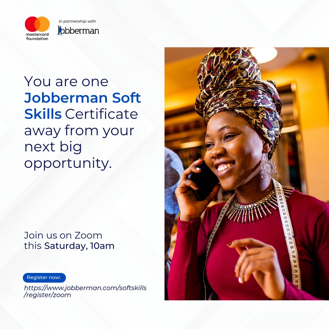 Jobbermandotcom's tweet image. Success is when opportunity meets preparation.

Get the skills necessary for success with the free Jobberman Soft Skills Training. Join the class on Zoom this morning, 10AM.

Register Now: jobberman.com/softskills/reg…

#JobbermanSoftSkillsTraining #SoftSkills #Success