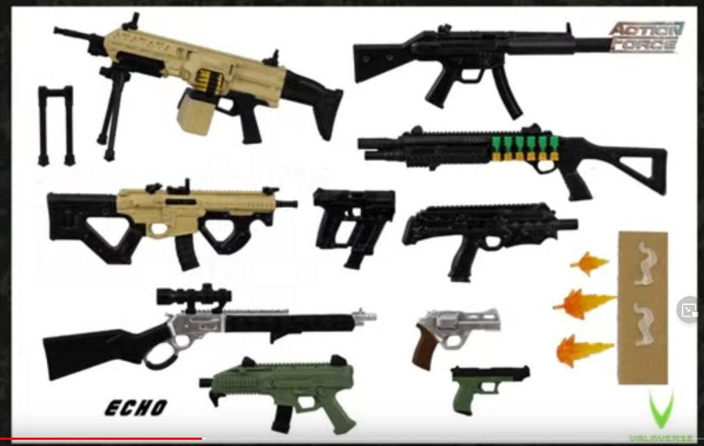 PopCultFrenzy's tweet photo. #Valverse Action Force revealed several items tonight on their first night of #Valafair. Among them, weapon packs Echo, Foxtrot, and Golf. Included in them are a Barrett .50 cal and mini guns 😮 https://t.co/BoXsT8uNlZ