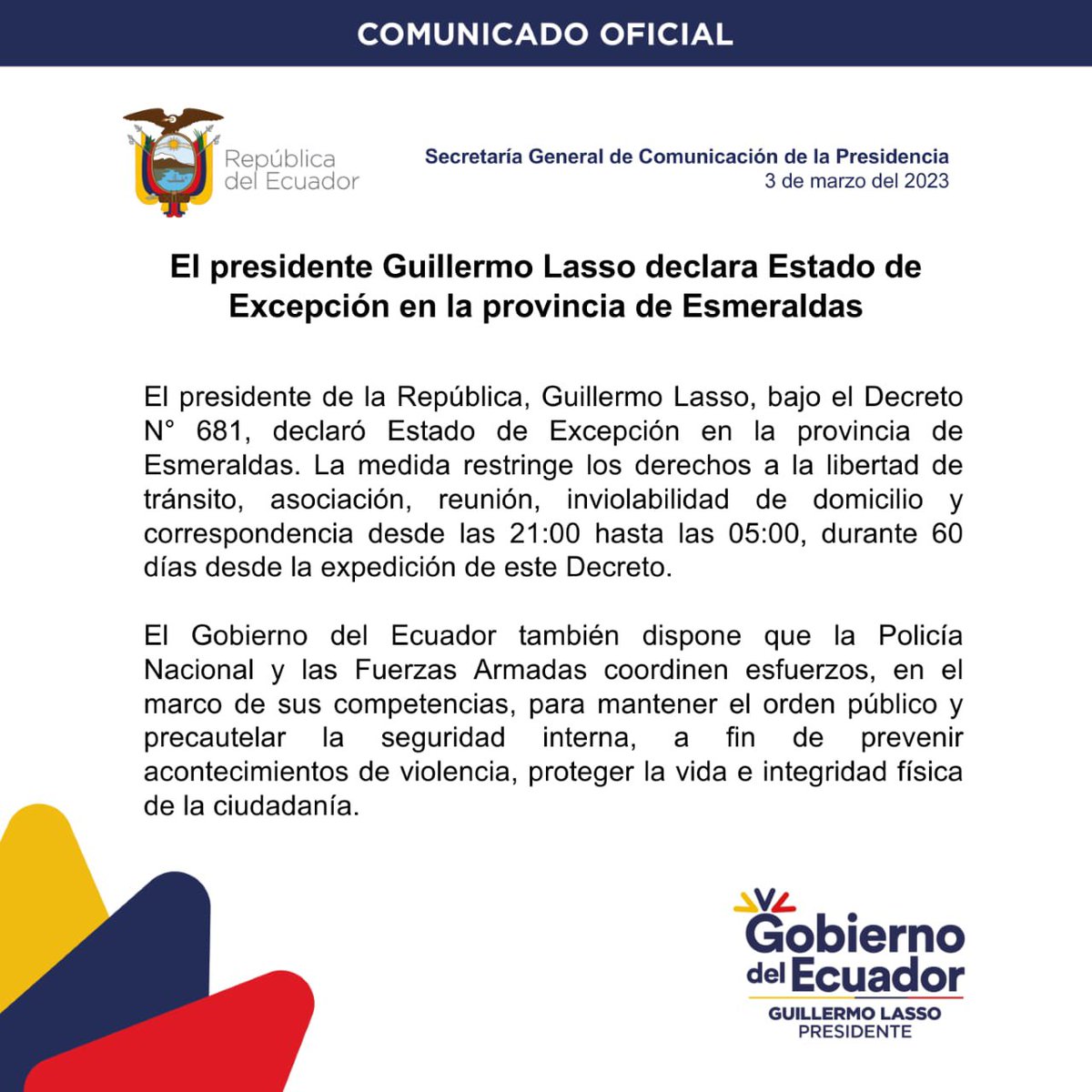 lizvalarezoTA's tweet photo. Presidente @LassoGuillermo declara el estado de excepción por grave conmoción interna en la provincia de Esmeraldas por los próximos 60 días. https://t.co/c7vg6Zl16I