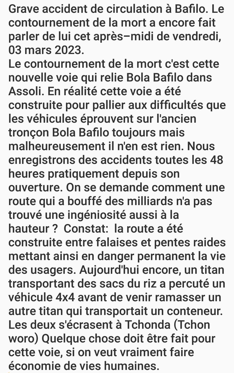 nafala25's tweet photo. .Grave accident de circulation à #Bafilo, #Togo🇹🇬 West-#Africa . Le contournement de la mort a encore fait parler de lui cet après-midi de vendredi, 03 mars 2023.
consequences de #Corruption
@anticorruption 
@FACTCoalition
#ForeignPressCtr 
@KleptoCaucus
@citizenlab
#ecowas
@RFI https://t.co/MrtYSr0Lne