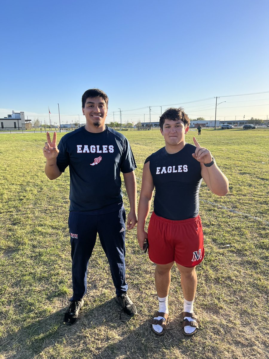 Your Eagle throwers took 1st and 2nd place in today’s West Oso Relays!! Aiden Mercado with a throw of 156’5” and Rey Escobar with a throw of 146’1 !! Good progress each week. #AllGasNoBrakes <a href="/AidenMercado5/">Aiden Mercado</a>