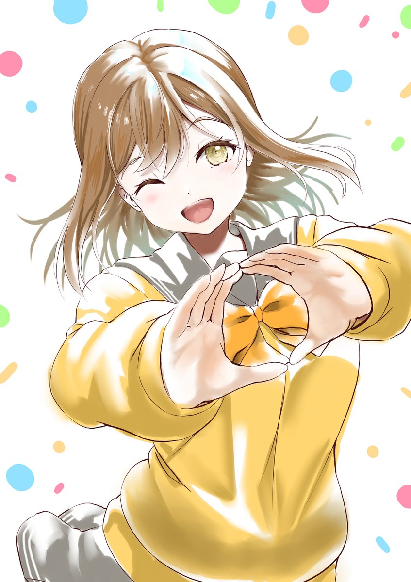 kunikida hanamaru 1girl one eye closed solo brown hair school uniform smile bow  illustration images