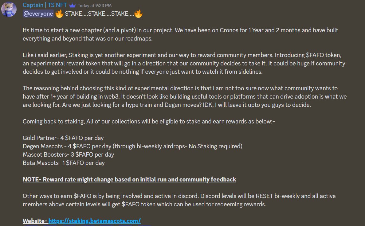 Staking for all NFTs in our Ecosystem is LIVE. All NFTs will earn a reward token and the direction of this reward token will be decided by the community as we go further.
staking.betamascots.com
🪙Gold Partners🪙
🦁Beta Mascots 🦁
🚀Mascot Boosters🚀
💥Degen Mascots- Airdrops 💥