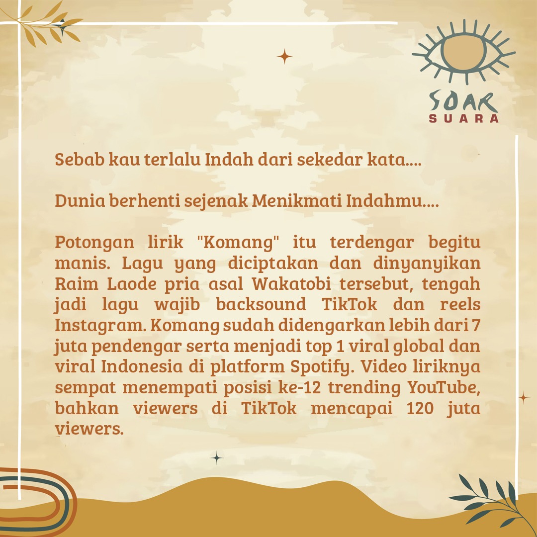 SOARsuara's tweet photo. Siapa disini yang lagi sering banget dengerin lagunya 
@RaimLaOde berjudul "KOMANG".!!

 #soarsuara #infokonser #infomusik #inforeleasan #musikindonesia #musikindie #bandindie #indiedance #livekonser #indiedancemusic #konser https://t.co/DQZcosrQPk