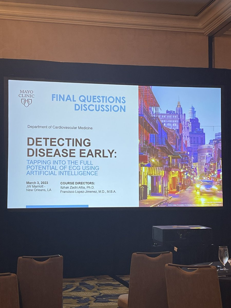 Amazing symposium by @MayoClinicCV and @DrLopezJimenez on the use of AI ECG in detecting disease early. Great way to kick off the #ACC23 weekend in New Orleans. #CardioTwitter