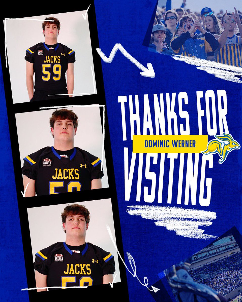 moewerner's tweet photo. Had a great JR day visit at South Dakota State today, thanks for having me! @CoachRRouse @CoachRyanOlson @SDSURogers3 @GoJacksFB https://t.co/gnWOVK8ldl
