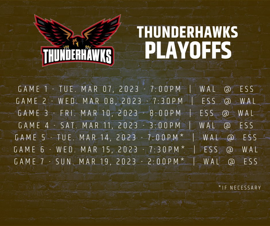 ThunderhawksJrC's tweet photo. 🏒 It's Playoff Season!!

The Wallaceburg Thunderhawks start their playoff run taking on the Essex 73's.  

Come out and cheer on your Thunderhawks as we hit the ice for Game 1 - Mar 3 @ 7pm in Essex!

CMFGroup => https://t.co/UNxwF4MhUx
#pjhl #hockey #playoffs #Thunderhawks https://t.co/ifMycRUrvP