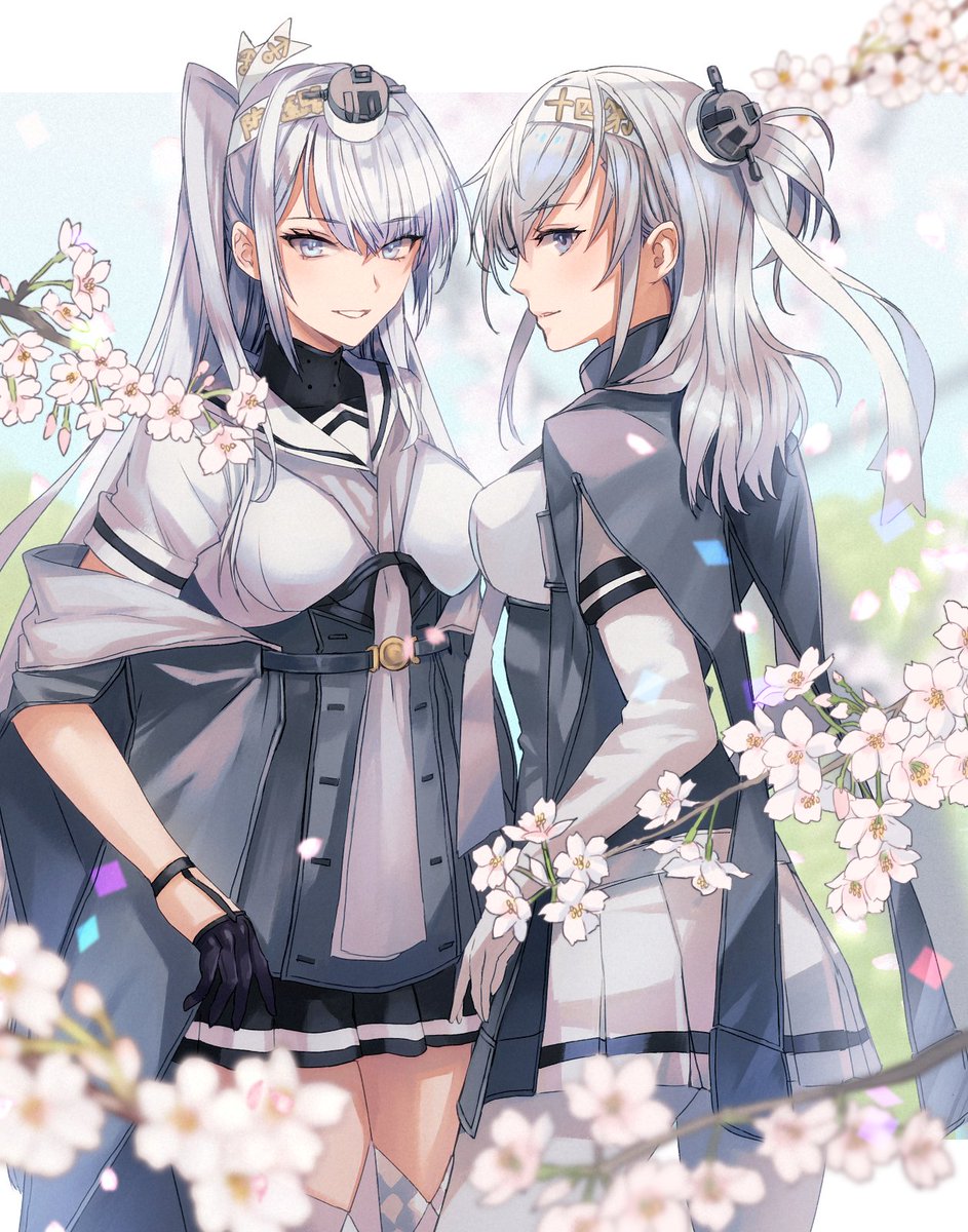 suzutsuki (kancolle) multiple girls 2girls grey neckerchief sailor collar one side up skirt long hair  illustration images