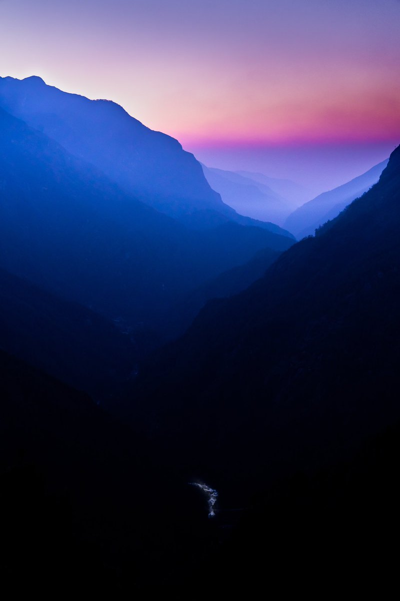 A gorgeous hue filled the deep mountain valleys, near Namche Bazar. 

#valley #sunrise #softlight #travel #hiking #trek