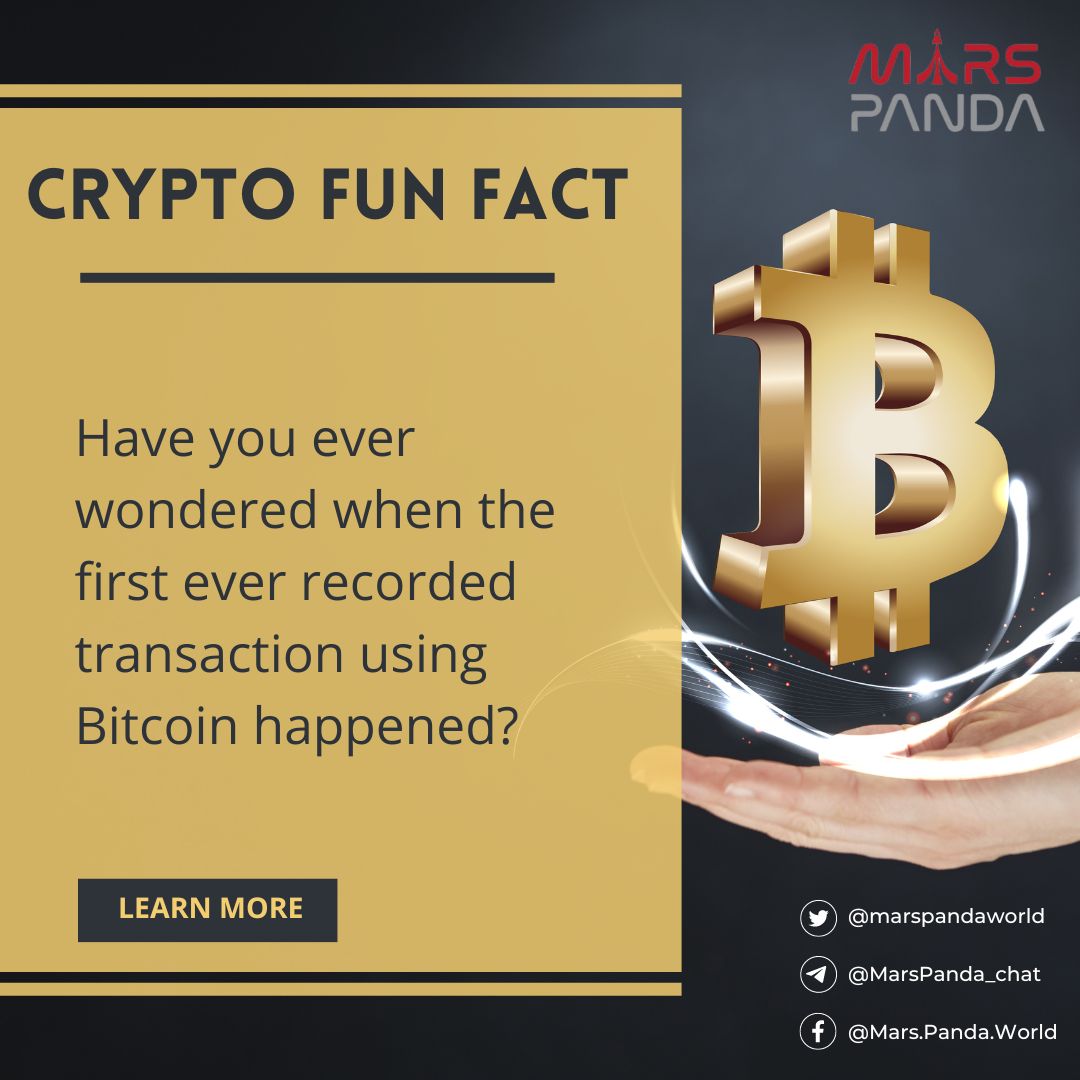 marspandaworld's tweet photo. 💡Crypto Fun Fact 💡

Have you ever wondered when the first ever recorded transaction using Bitcoin happened? It’s a fascinating, but complicated question to answer.

Don’t miss this moment as we dive right in and answer your question here
➡️https://t.co/GhSoNpZSWV

#funfact #mpt https://t.co/ORUueNQ0pG