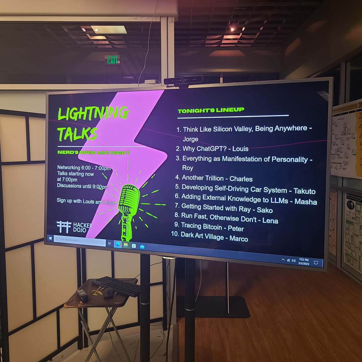 hackerdojo's tweet image. The full agenda of #lightningtalks for March 3, 2023 at #LightningTalks @hackerdojo 

Live tonight at 7:00 PM PT  youtube.com/watch?v=1rA-V5…
