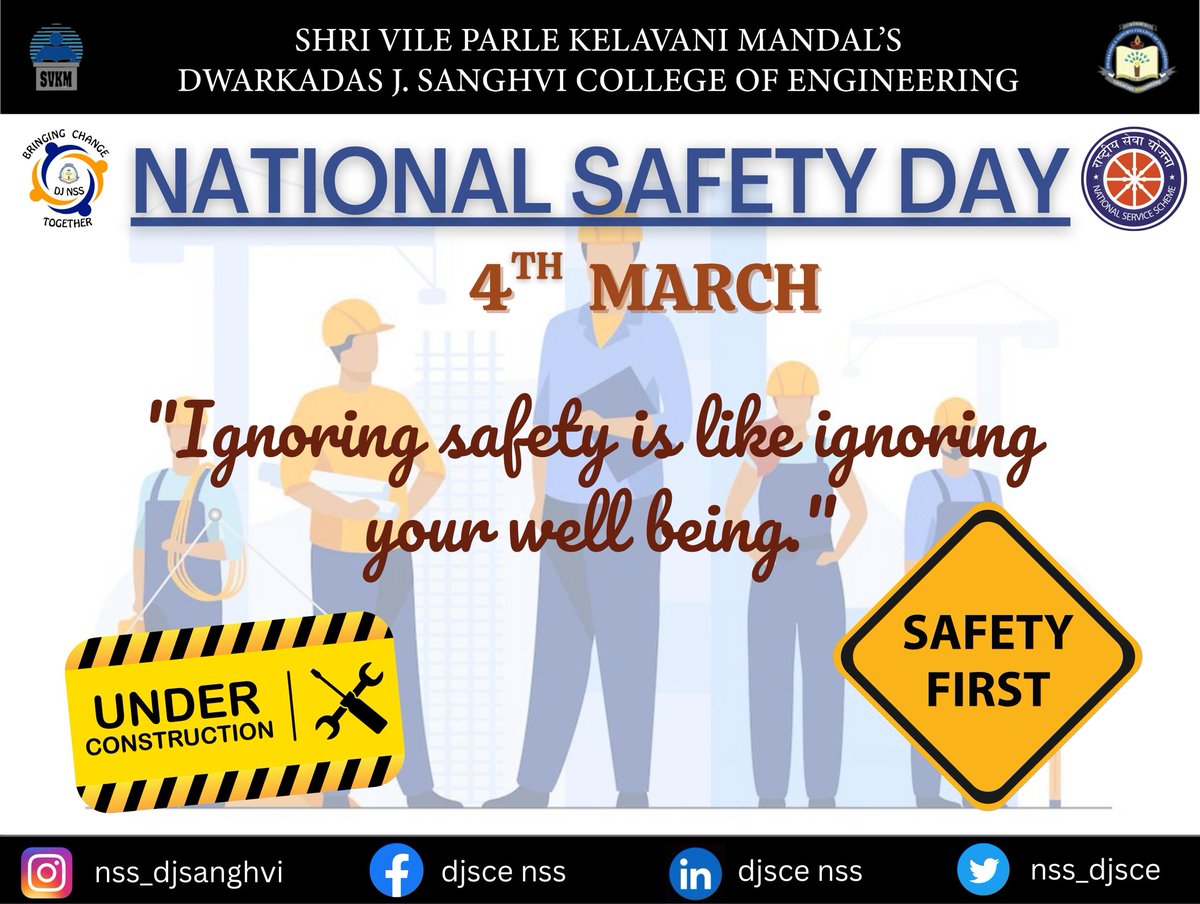 NSS_DJSCE's tweet photo. 𝐃𝐉𝐍𝐒𝐒 commemorates 4𝒕𝒉 𝑴𝒂𝒓𝒄𝒉 as "𝑵𝒂𝒕𝒊𝒐𝒏𝒂𝒍 𝑺𝒂𝒇𝒆𝒕𝒚 𝑫𝒂𝒚" ⛑️ annually with an in aim to promote safe working environment and ensure safety of people in all aspects🦺
#GoNSS❤ https://t.co/plIZ8ynJmW