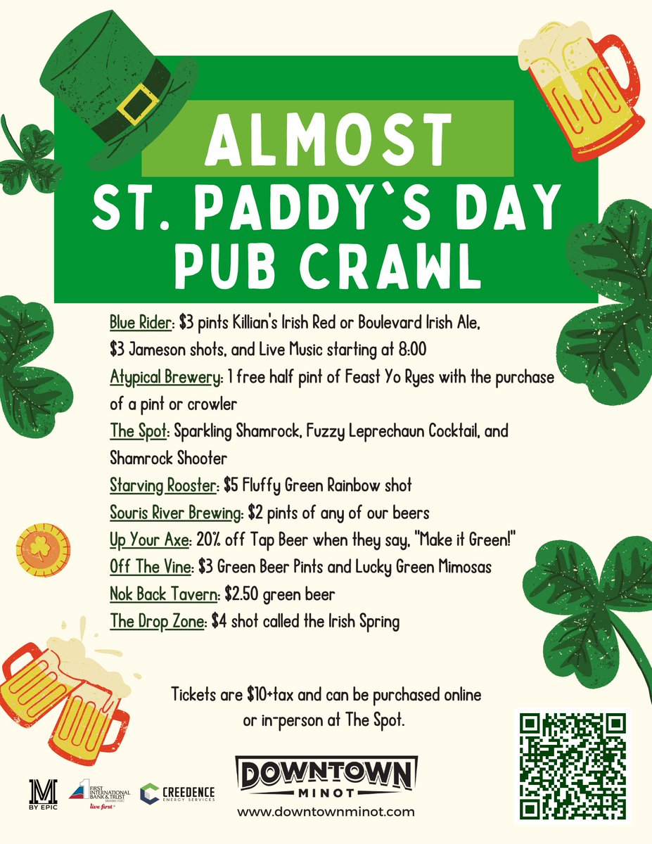 🍀The [ALMOST] St. Paddy's Day Pub Crawl is March 11th.🍀

There's still time to get your tickets online or at The Spot!
eventbrite.com/e/almost-st-pa…