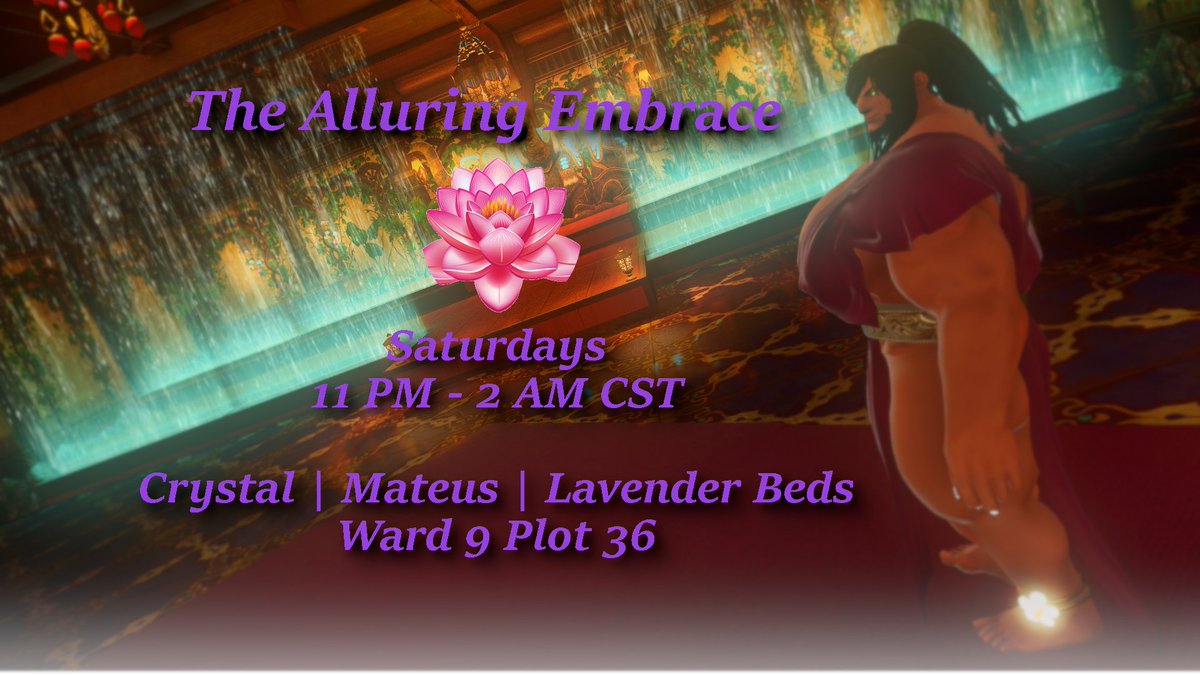 EmbraceAlluring's tweet photo. It's that time of the week again! Come relax and rest your weary souls at the Alluring Embrace! Hope to see you later this evening.

Location: Crystal / Mateus / Lavender Beds / Ward 9 Plot 36
Time: 11 PM - 2 AM CST

Carrd: https://t.co/Vulmm4glZn
Discord: https://t.co/o9mXF7pjdt https://t.co/NVimIfNr7u