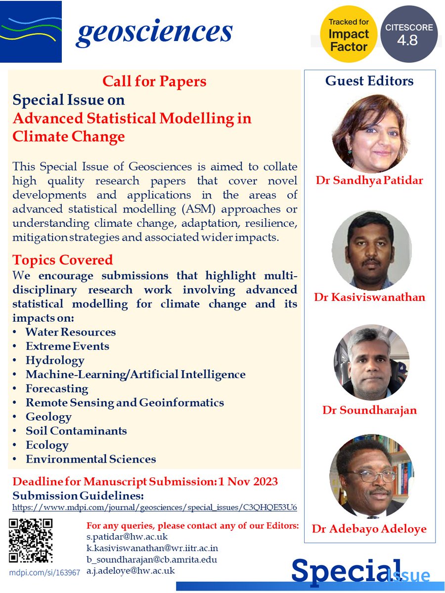 We are inviting papers for a special issue of 'Geosciences' on 'Advanced Statistical Modelling in Climate Change'. For more information, please visit lnkd.in/ghERff_G
#geosciences #climatechange #statisticalmodeling #hydrology #water