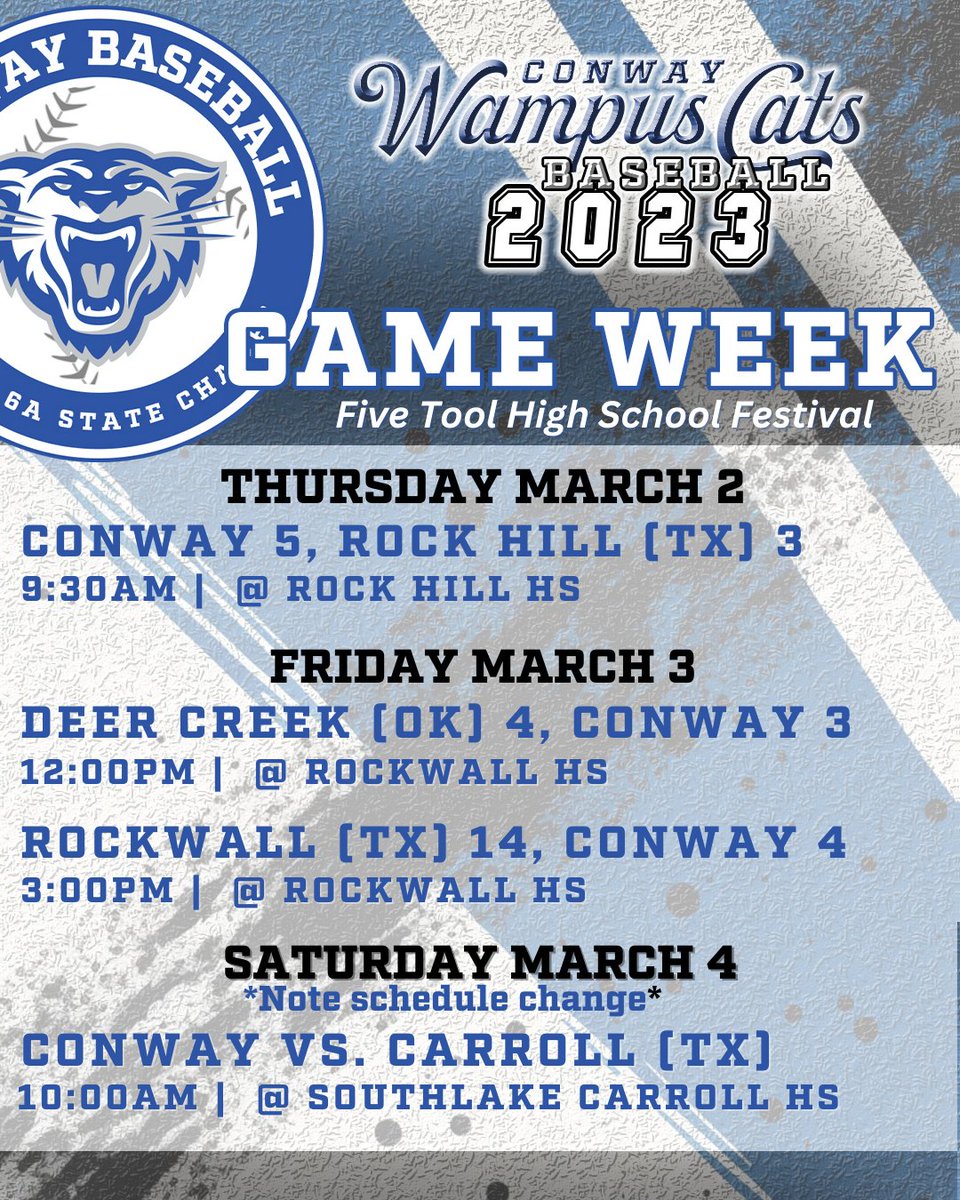 Change to Saturday's schedule. Conway now wrapping up the Five Tool High School Festival at Southlake Carroll at 10am. 

Go Cats! #sixlegsbsbl #6legs4life #fivetoolfestival