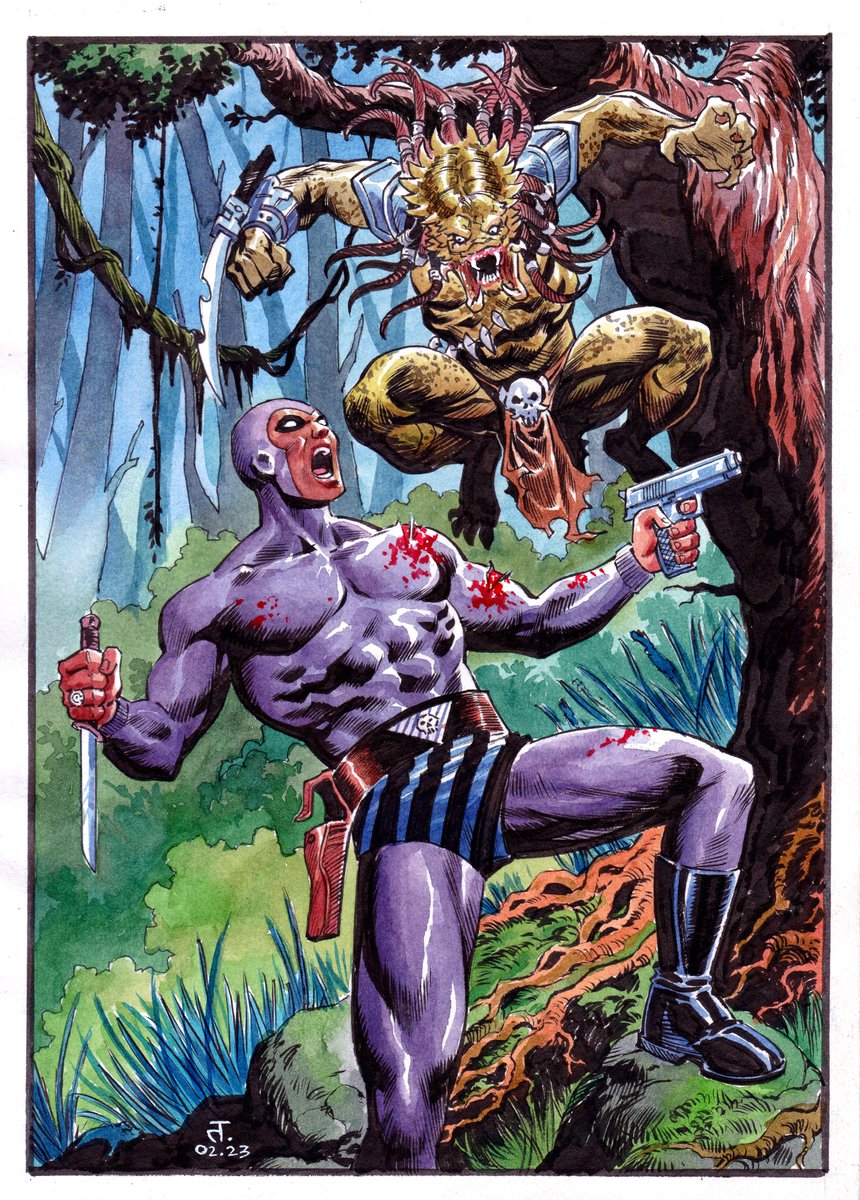 Tadammeh's tweet image. Here's a fun crossover commission I did recently for a passionate collector. 
Inks and watercolors on paper. 8.3 x 11.7 inches

#Phantom #Predator #LeeFalk