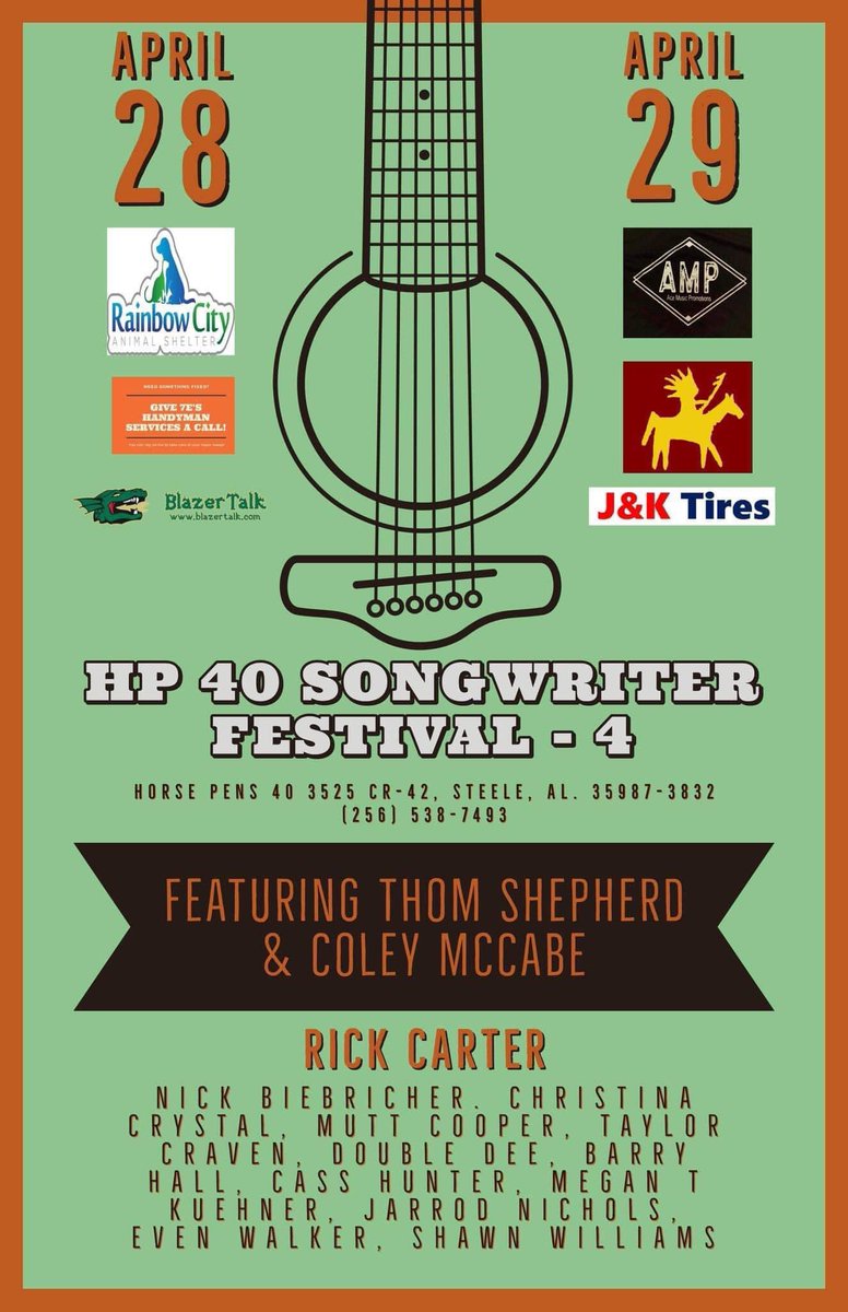 ShawnMeow's tweet image. Tickets now on-sale: cnpentertainmentllc.ticketspice.com/hp-40-songwrit…

HP 40 Songwriter  Festival, at HORSE PENS 40 in Steele, AL, goin’ down April 28th &amp;amp; 29th! I’ll be playing both nights alongside Cass Hunter! Music, camping, cabins, food,&amp;amp; crafts in a beautiful scenery! Get your tix! #Steele #Alabama