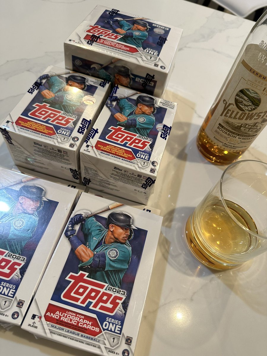 EastBayPackRips's tweet photo. Happy Friday night.
Excited to FINALLY get into some 2023 Topps! 1 Jumbo. 2 Blasters. 2 Hangers. Wish me luck!
#ToppsSeriesOne
#YellowstoneSelect #bourbon https://t.co/J3OMDYvMn9