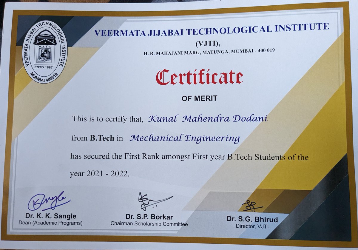 DodaniKunal's tweet photo. honored with a scholarship and certificate for academic excellence and dedication to personal growth by the director of VJTI, Dr. Sunil Bhirud, the dean, Dr. K.K. Sangle, and Chairman Scholarship Committe, Dr. S.P. Borkar. https://t.co/gOvXdW7wBb
