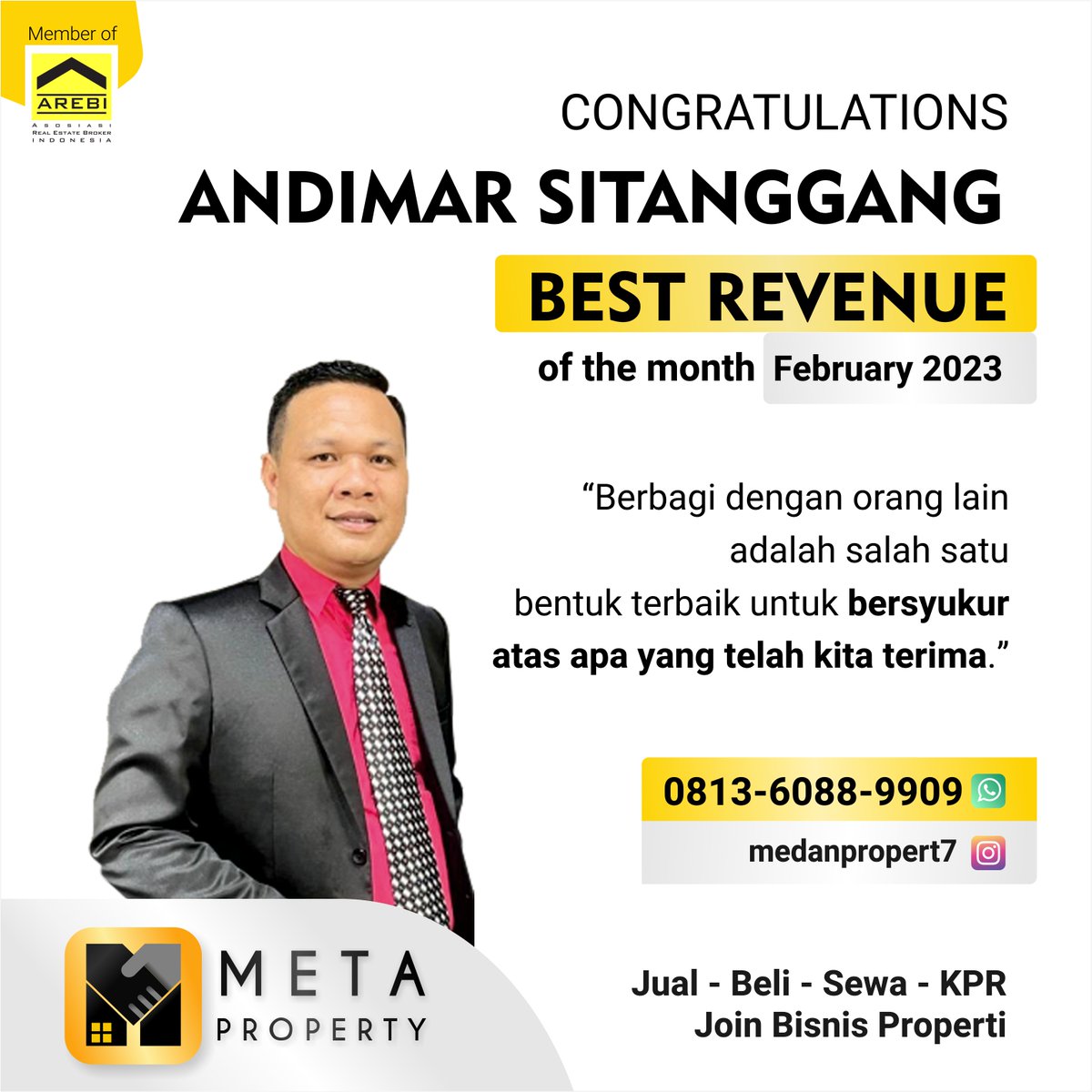 Metaproperty_1's tweet photo. #BreakingNews 
✨𝗖𝗼𝗻𝗴𝗿𝗮𝘁𝘂𝗹𝗮𝘁𝗶𝗼𝗻𝘀 for all top agent Meta Property of the month "February 2023" 🏆👏🏻🔥
"Success in real estate sales comes through hard work, persistence, and determination." - Joseph and JoAnn Callaway
Ingin menjadi seperti mereka? #JoinAgentMeta Now https://t.co/yr2blkQEmy