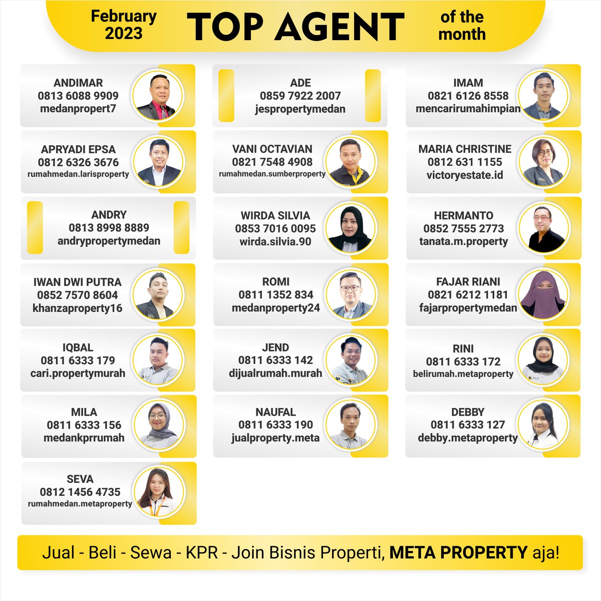 Metaproperty_1's tweet photo. #BreakingNews 
✨𝗖𝗼𝗻𝗴𝗿𝗮𝘁𝘂𝗹𝗮𝘁𝗶𝗼𝗻𝘀 for all top agent Meta Property of the month "February 2023" 🏆👏🏻🔥
"Success in real estate sales comes through hard work, persistence, and determination." - Joseph and JoAnn Callaway
Ingin menjadi seperti mereka? #JoinAgentMeta Now https://t.co/yr2blkQEmy