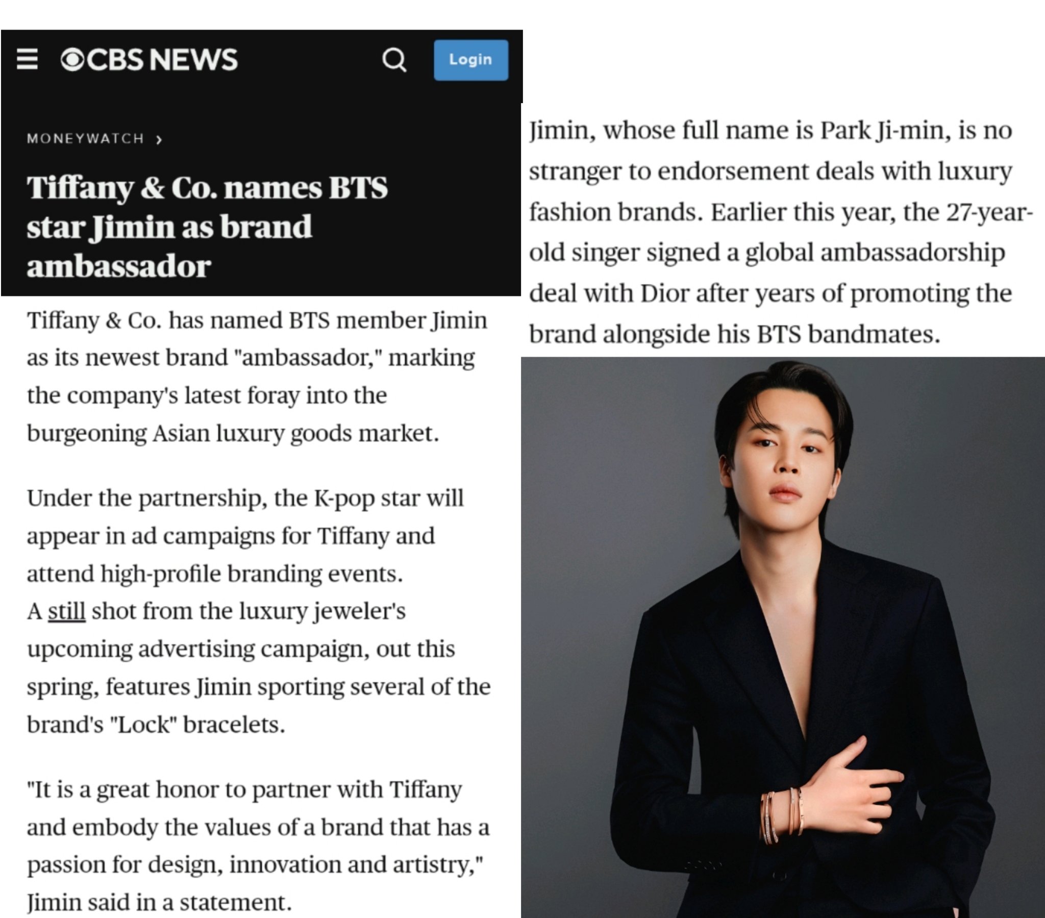 JIMIN DATA on X: CBS News, American television and radio network, reported  on Jimin being newly appointed as Tiffany & Co. Global Brand Ambassador  Jimin is no stranger to endorsement deals with