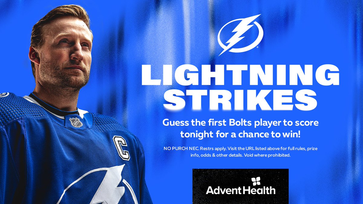 TBLightning's tweet photo. Who's it gonna be?

Let us know who you think scores the first goal for us tonight using #LightningStrikes and you could win a custom #Bolts t-shirt presented by @AdventHealth.

Rules: https://t.co/25rxF2rNSU https://t.co/pd70Z0sRfy
