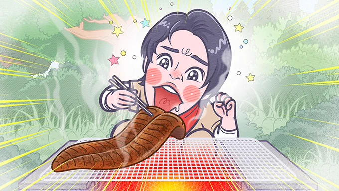 沖縄でオオウナギの大蒲焼を大口で食らう岸くんのイラストを担当しました。放送中。#キンプる #岸優太 