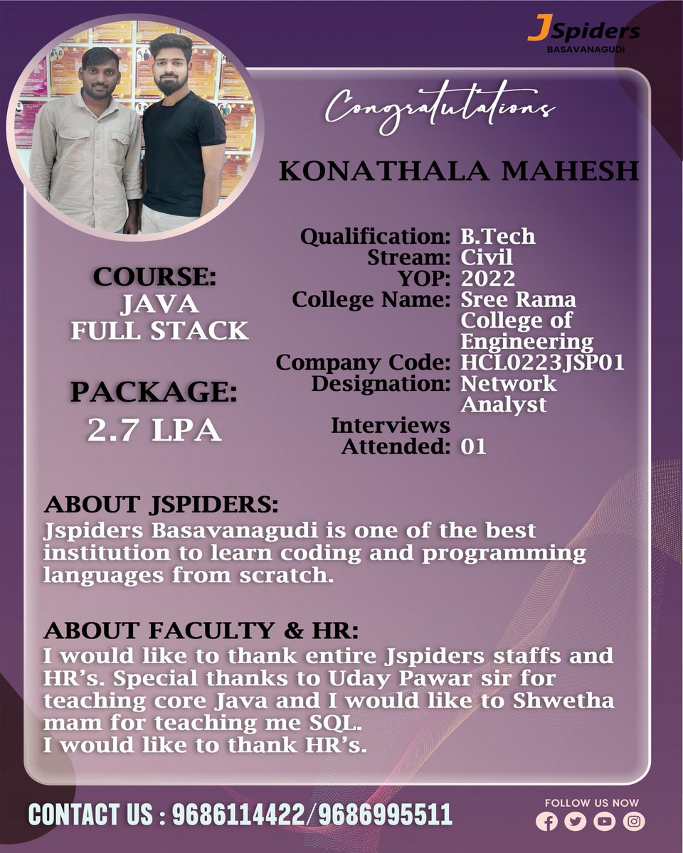 BrandingJsp's tweet image. Congratulations KONATHALA MAHESH for getting placed as NETWORK ANALYST
#jspidersbasavanagudi #besttraininginstitute #Javaprograming #civilengineering #jspidersplacement #gotjob #jobplacement #qualityasssurance #networkanalyst #jobskills #jobopenings #courses #jobseekers