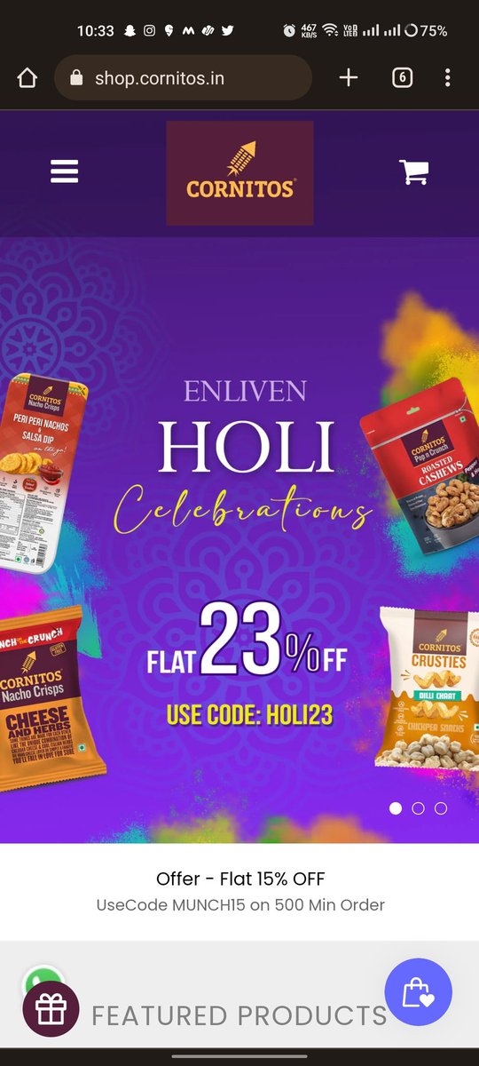 Code - HOLI23
#HappyCrustying #CrustiesColoursofHealth  #Crusties #GuiltFreeCrustying #Cornitos #ILoveCornitos
@Crusties_Ofcl 
Guys Participate
@Raji_loey 
@Springday_B7 
@prasanth_gowri 
@Chintoo1630 
@VarunVepuri 
@naveen_budati