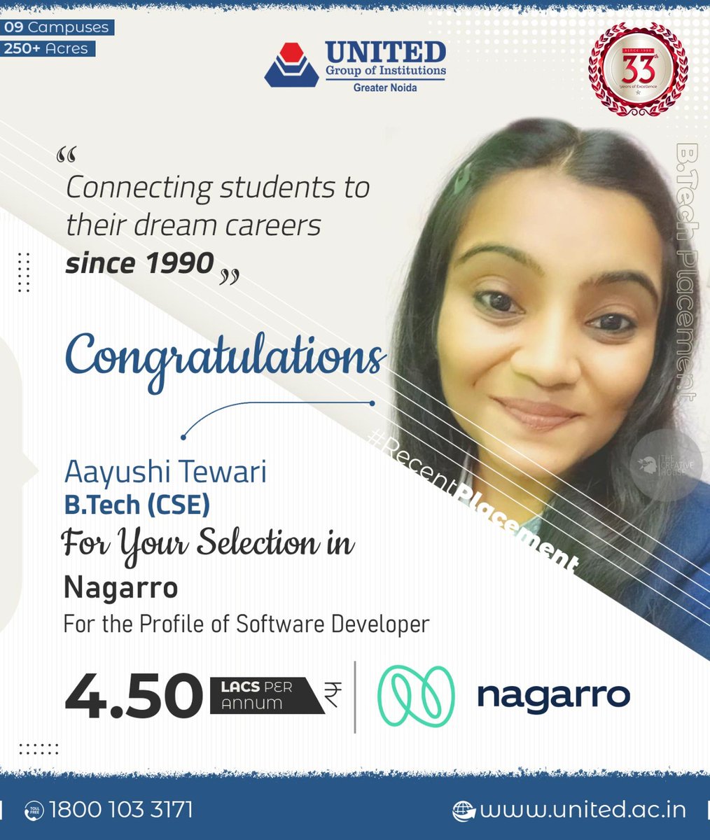 UnitedNoida's tweet photo. Congratulations Ms. Aayushi Tewari for Selection in Nagarro with salary package of 4.50 LPA.
Our Website: https://t.co/rZLHUyk5lT
Toll Free No: 1800 103 3171
#Placement #RecentPlacement #college #UnitedGroup #UnitedCollege #greaternoida #Nagarro #PlacementSeason #JobOffers https://t.co/vPU8h97DsM