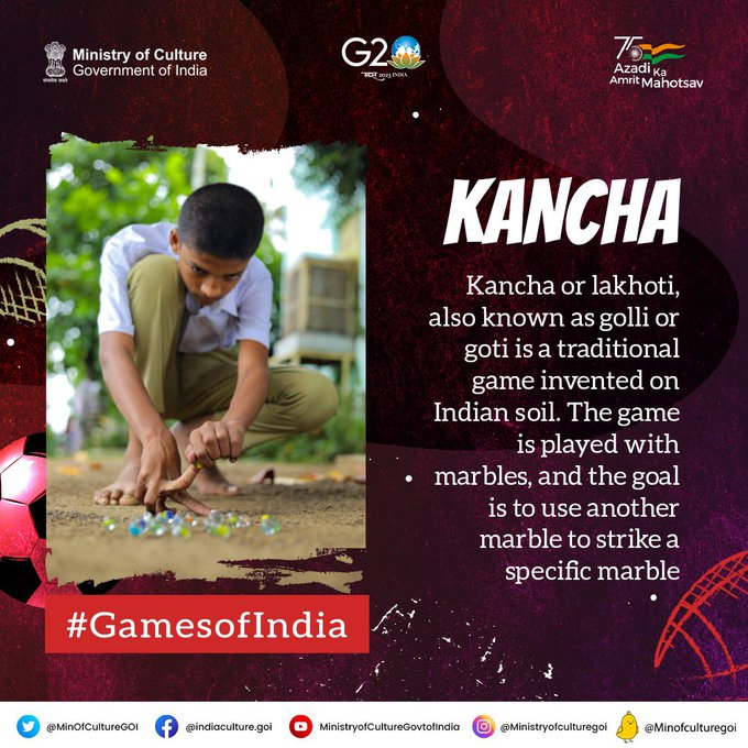 PIBChandigarh's tweet photo. India’s rich cultural history constitutes a list of famous games enjoyed & passed down through generations!
Kancha, known around the country by many colloquial names, is one such activity that has enthralled Indian households throughout history.
#GamesofIndia #AmritMahotsav https://t.co/os9Mh4e3zn